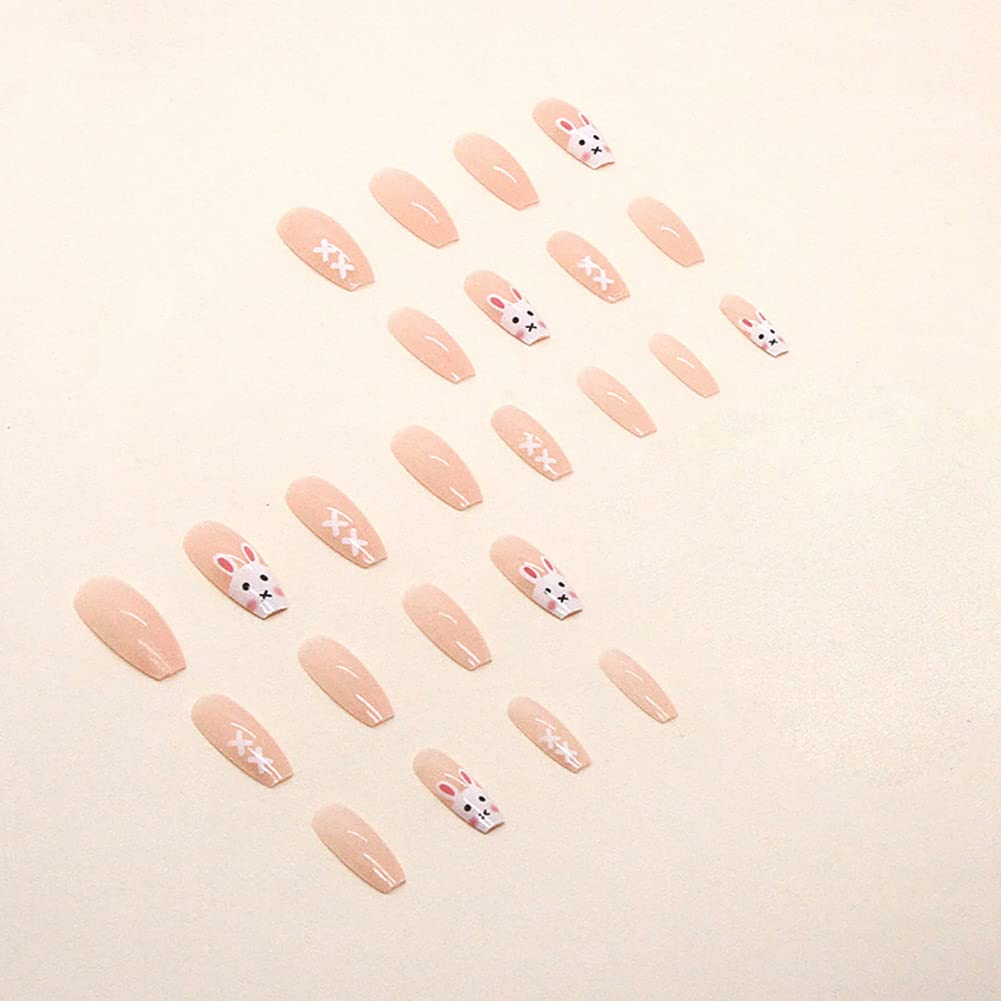 24Pcs Pink Beautiful Trendy Rabbit Design Fake Nails (With Glue) Set For Girls - Wearable Nails Stylish Pattern Artificial Long Nails For Women