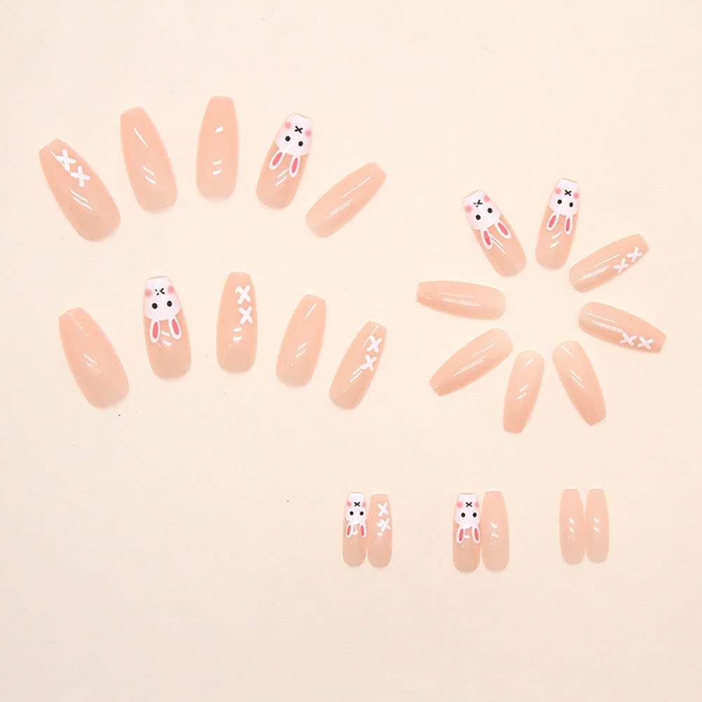 24Pcs Pink Beautiful Trendy Rabbit Design Fake Nails (With Glue) Set For Girls - Wearable Nails Stylish Pattern Artificial Long Nails For Women