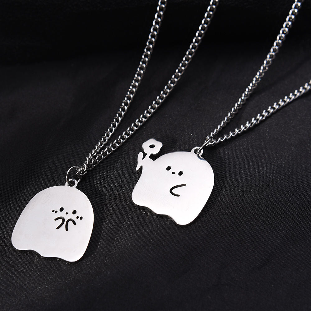 Pack Of 2 Stainless Steel Cute Cartoon Ghost Friendship Couple Pendant Necklace For Boy & Girls Korean Jewellery