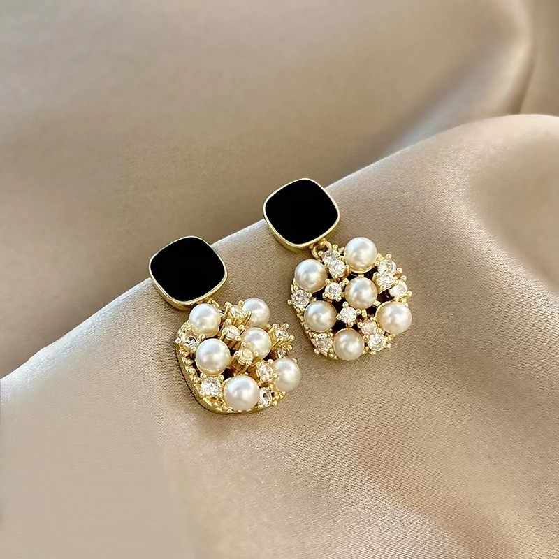 Korean Jewellery Fashion Black Square Geometric Cubic Pearl Gold Plated S925 Silver Needle Korean Earrings For Girls