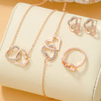 4Pcs Rose Gold Zircon Heart Necklace Earrings Bracelet Ring Jewelry Set For Girls Fashion Party Jewelry Daily Wear Zirconia Heart Jewelry Set