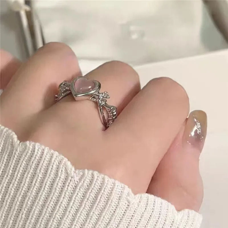 Korean Jewellery Silver Zircon Pink Heart Adjustable Ring For Girls | Party Jewelry, Birthday Gift | Adjustable Ring For Girl