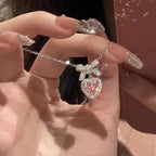 Korean Jewellery Pink Zircon Bow & Heart Necklace for Girls Sweet Fairy Clavicle Chain Shiny Zircon Korean Jewellery Necklace - Aesthetic Bowknot Love Zircon Pendant Women Necklaces