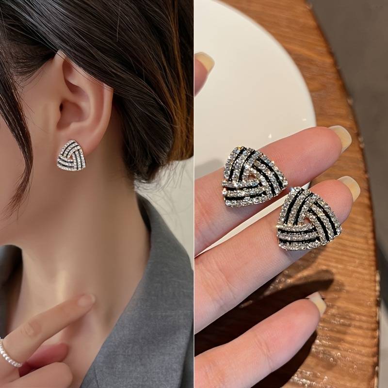 Korean Jewellery Triangle Full Crystal Rhinestone Stud Earrings Special Geometric Black Stripe Diamond Stud Earring For Girls | S925 Needle