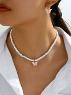 Korean Jewellery Necklace With Earring set Simple And Fresh Style Imitation Pearl & Pink Butterfly Shaped Jewellery For Girls