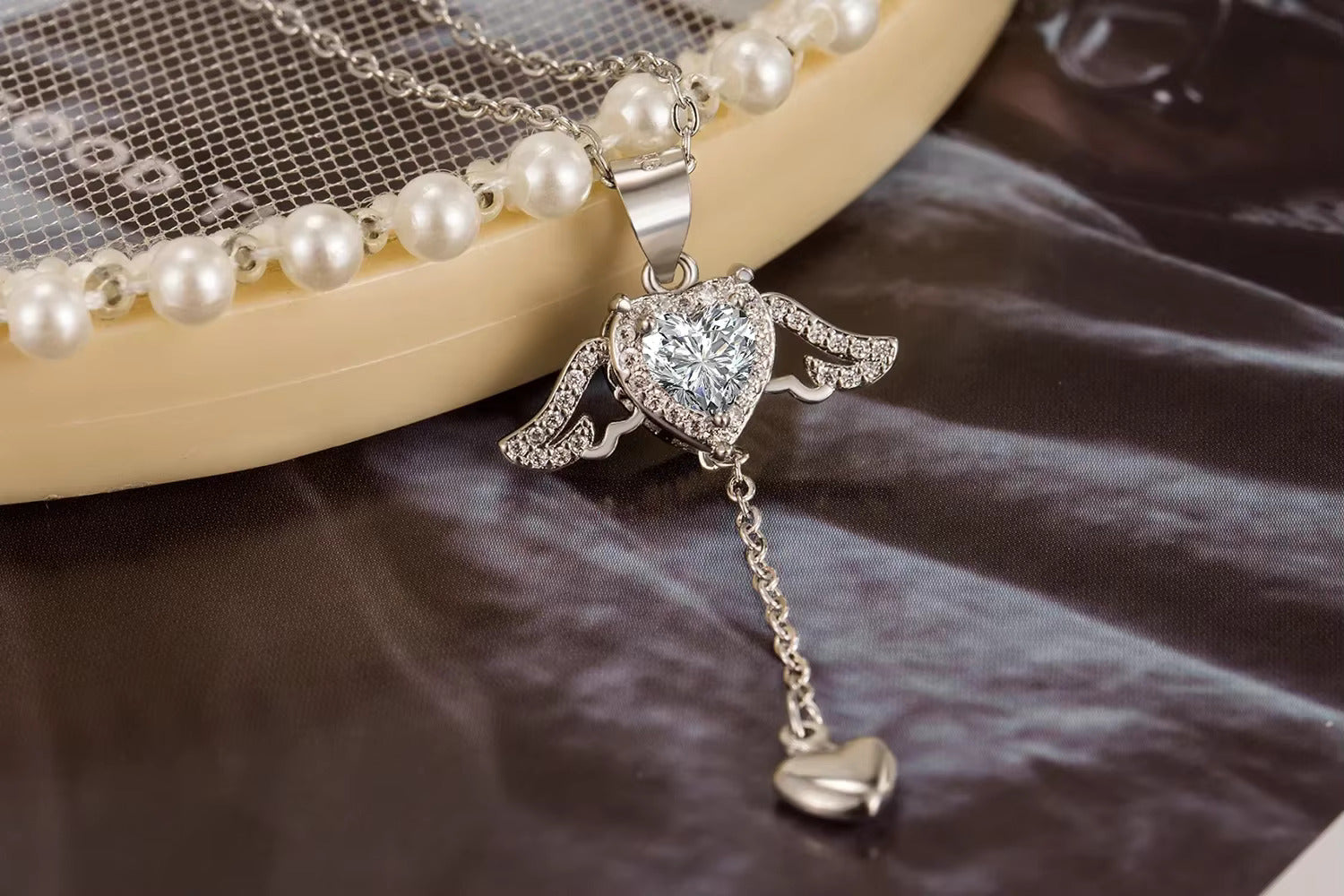 Korean Jewellery Silver Crystal Angel Wing Heart Pendant Necklace For Girls | Korean Jewellery Necklace For Women/Girls