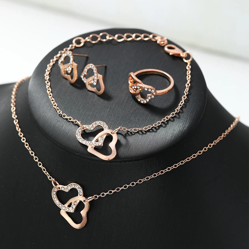 4Pcs Rose Gold Zircon Heart Necklace Earrings Bracelet Ring Jewelry Set For Girls Fashion Party Jewelry Daily Wear Zirconia Heart Jewelry Set