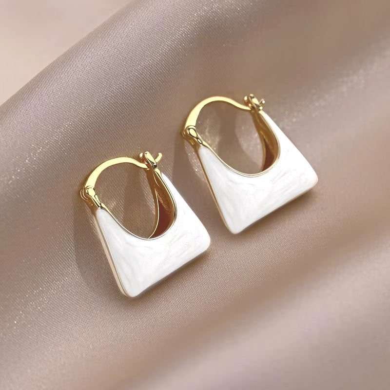 Korean Jewellery White & Gold Trendy High Grade U Shaped White Enamel Handbag Dangle Earrings For Girls