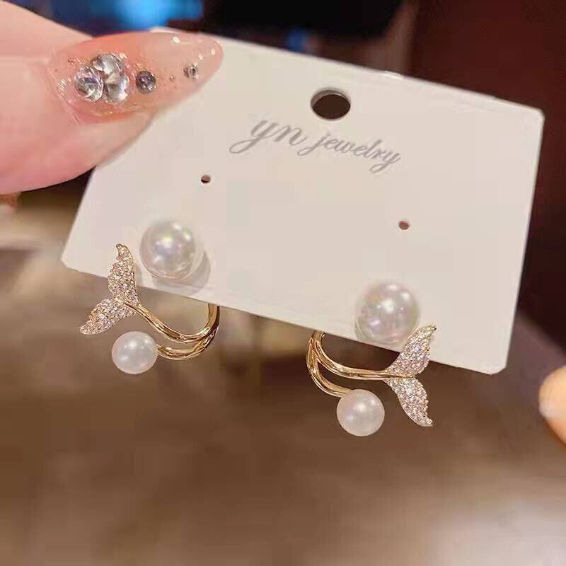 Korean Jewellery S925 Needle Rhinestones Zircon Fish Tail Pearl Elegent Earings For Girls