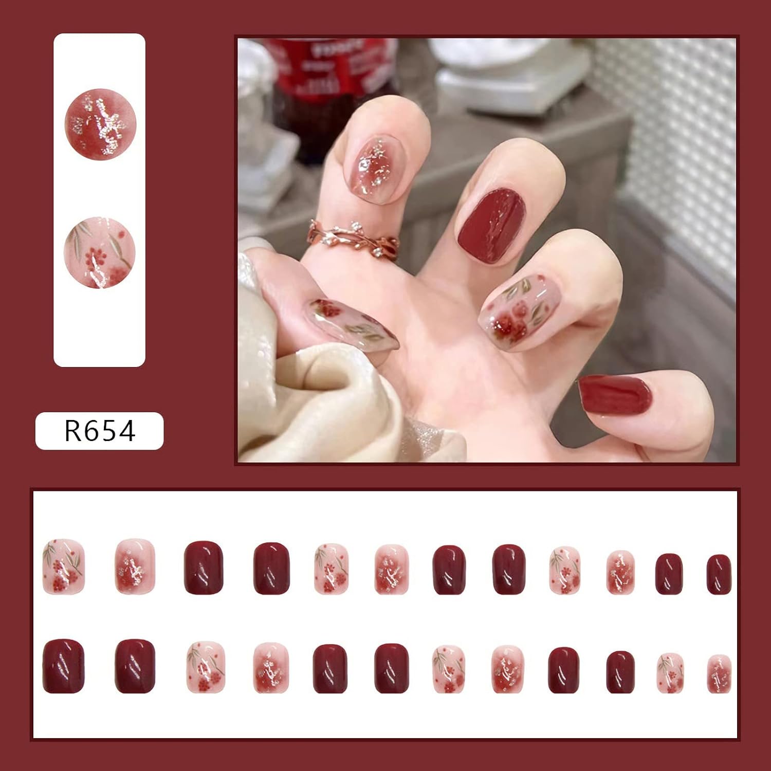 24Pcs Red & Pink Beautiful Flower Trendy Fake Nails (With Glue) Set For Girls - Wearable Nails Stylish Pattern Artificial Nails For Women