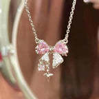● Korean Jewellery Pink Zircon Bow Necklace for Girls Sweet Fairy Clavicle Chain Shiny Zircon Korean Jewellery Necklace