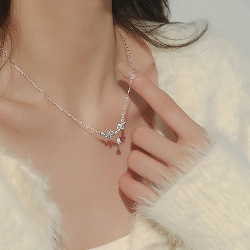 Silver Zircon Leaf New Style Luxury Pendant Necklace For Girls | Special Event Korean Jewellery For Girls