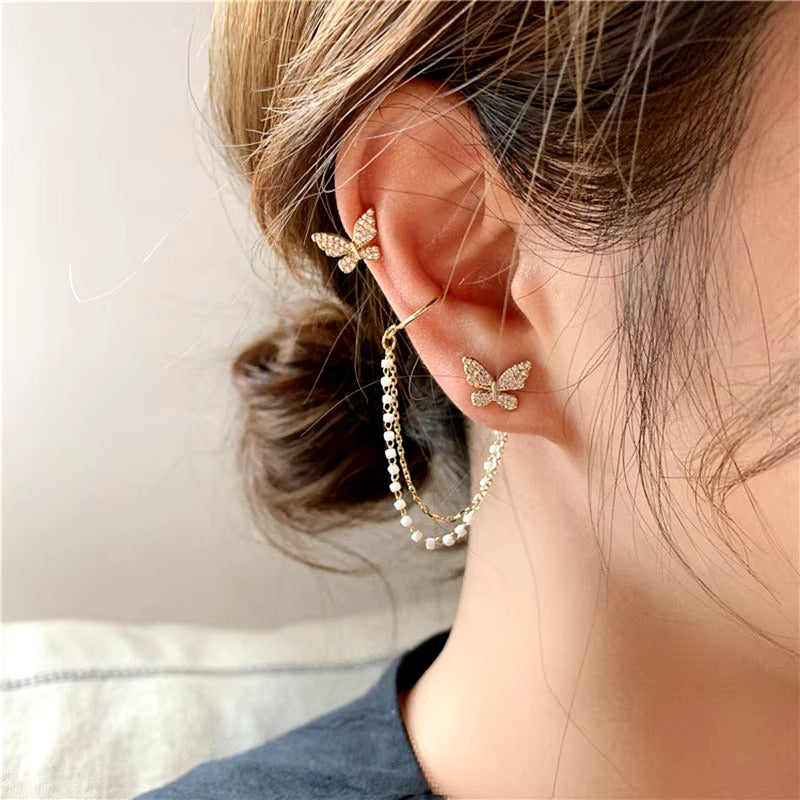 Korean Jewellery Gold Pair Of Rhinestone Butterfly Tassel Ear Cuff Earrings For Girls