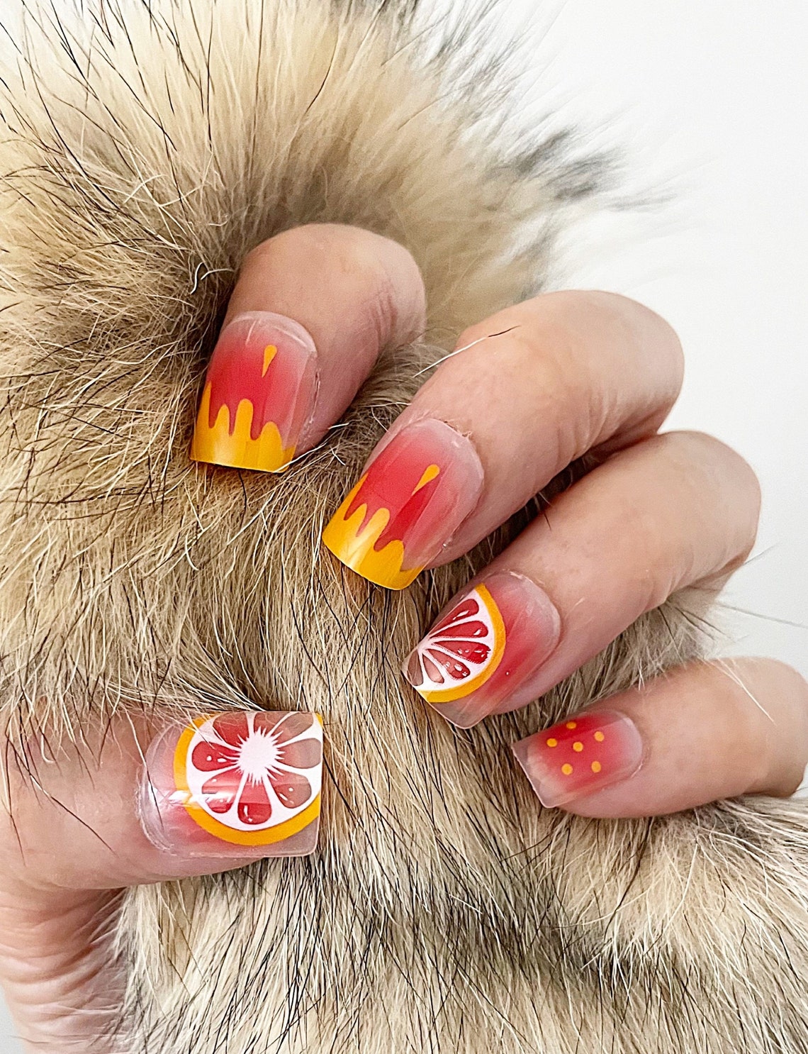 24Pcs Pink Beautiful Fruit Design Trendy Fake Nails (With Glue) Set For Girls - Wearable Nails Stylish Pattern Artificial Long Nails For Women