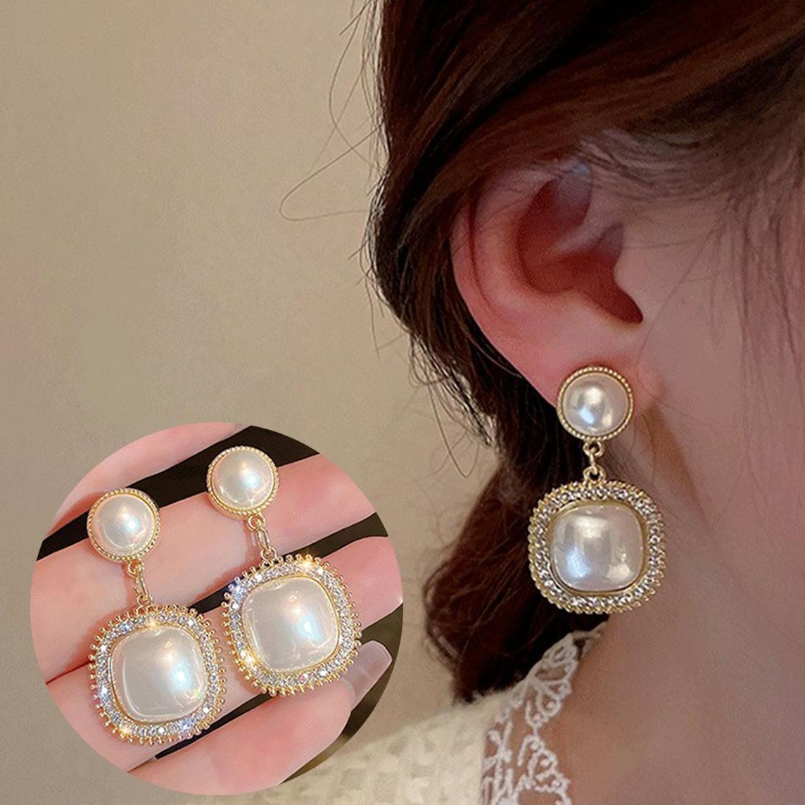 New American Style Geometric Circle & Square Earings Jewellery For Girls Stylish With Rhinestone & Red Pearl Drop Earrings Korean Jewellery For Girls