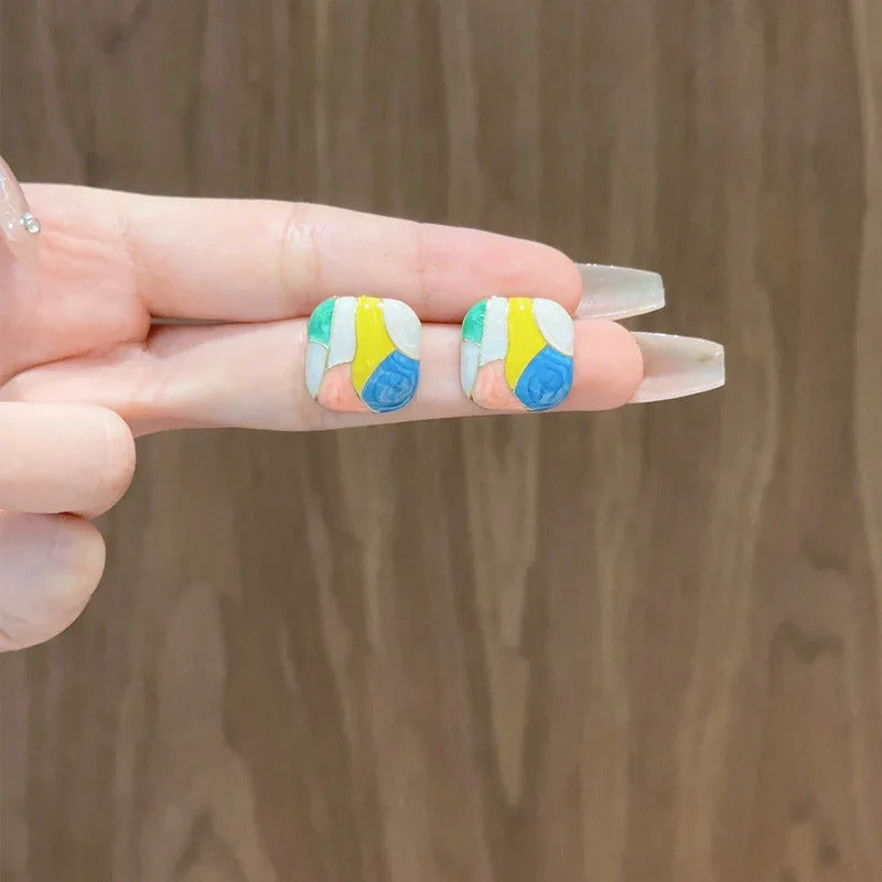 Colorful Korean Jewellery Blossom Modern Enamel Patchwork Geometric Square Stud Earrings for Girls | S925 Needle | S925 Needle Earings For Birthday Wedding Anniversary | For All Occasions