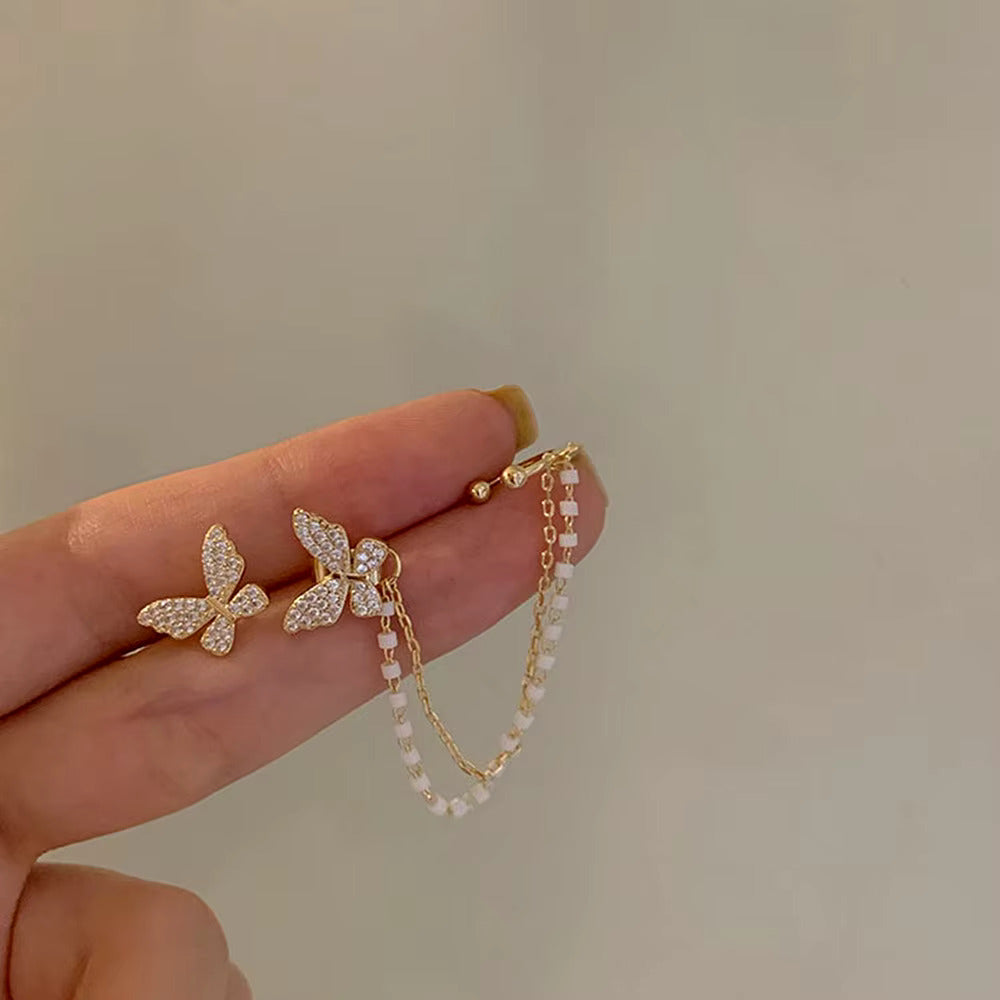 Korean Jewellery Gold Pair Of Rhinestone Butterfly Tassel Ear Cuff Earrings For Girls