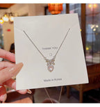 Pack Of 2 Korean Jewellery Pink Zircon Bow Heart & Crystal Angel Wings Heart Necklaces for Girls Sweet Fairy Clavicle Chain Shiny Zircon Korean Jewellery Necklace - Aesthetic Bowknot & Angel Wings Love Zircon Pendant Women Necklaces