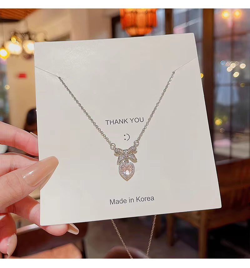 Pack Of 2 Korean Jewellery Pink Zircon Bow Heart & Crystal Angel Wings Heart Necklaces for Girls Sweet Fairy Clavicle Chain Shiny Zircon Korean Jewellery Necklace - Aesthetic Bowknot & Angel Wings Love Zircon Pendant Women Necklaces