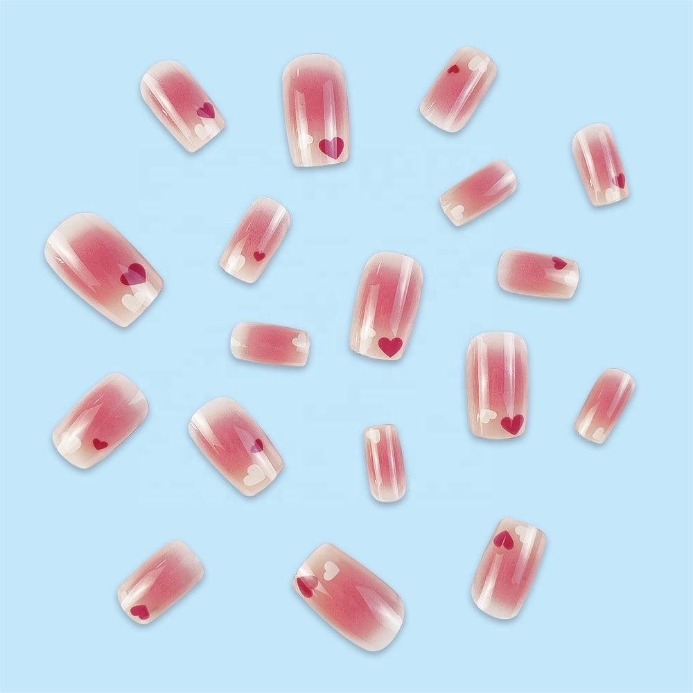 24Pcs Pink Beautiful Heart Trendy Fake Nails (With Glue) Set For Girls - Wearable Nails Stylish Pattern Long Artificial Nails For Women