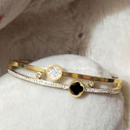 Luxury 18kK Gold Plated Branded Stainless Steel Jewellery Black & White Clover Zirconia Bangles Kara Bracelet For Girls | Never Fade Luxury Stainless Steel Adjustable HandCuff For Women