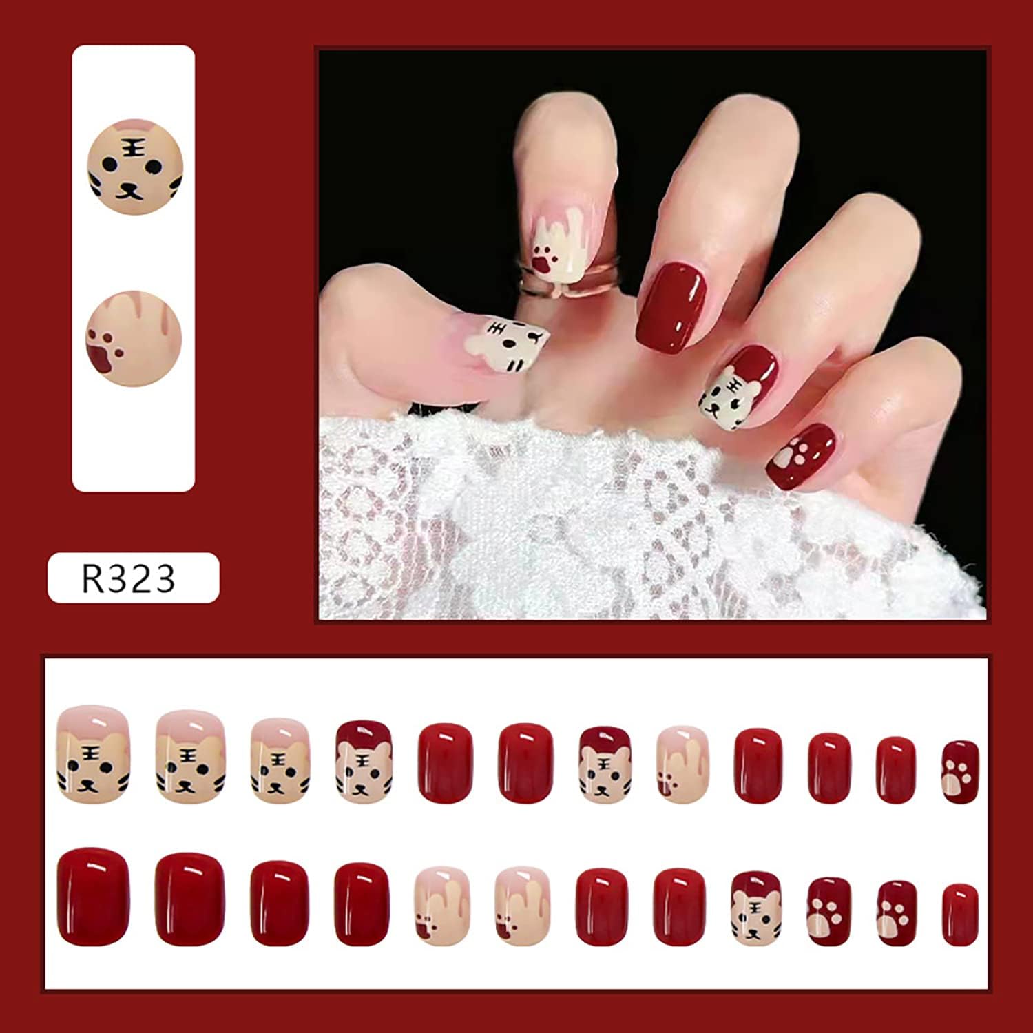 24Pcs Multicolor Beautiful Kitty Trendy Fake Nails (With Glue) Set For Girls - Wearable Nails Stylish Pattern Artificial Nails For Women