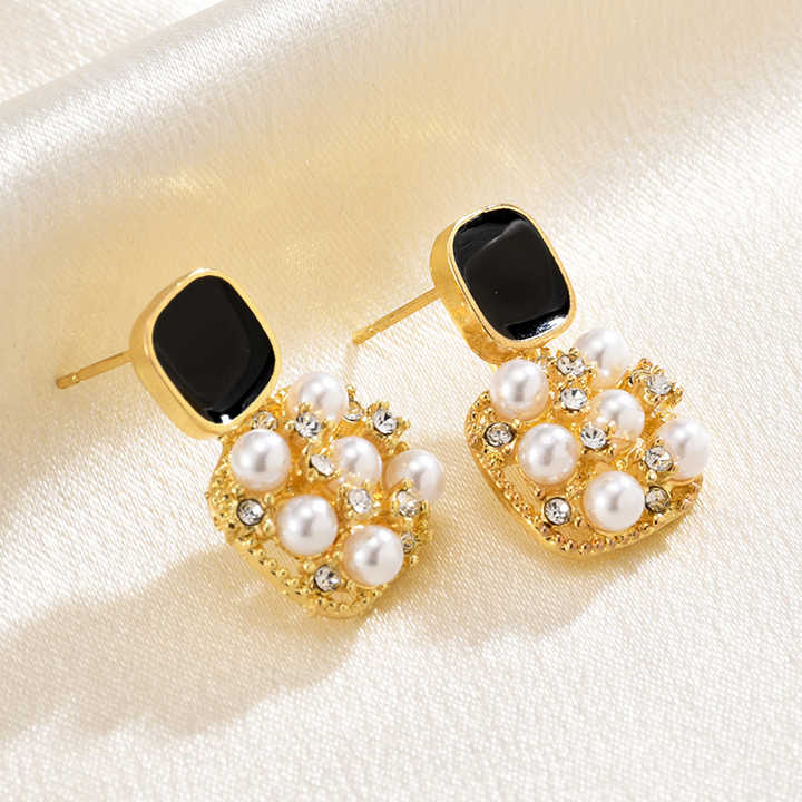 Korean Jewellery Fashion Black Square Geometric Cubic Pearl Gold Plated S925 Silver Needle Korean Earrings For Girls