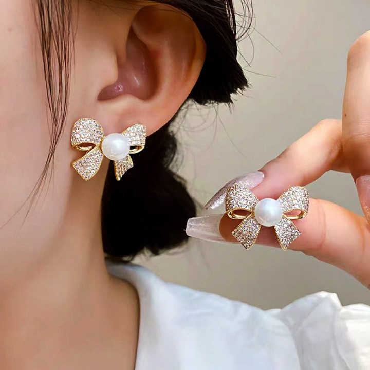 Korean Jewellery Shinny Bow knot Rhinestone Pearl Crystal Designing New Style Women Sweet Temperament Jewelry Earrings For Girls | S925 Needle Earring
