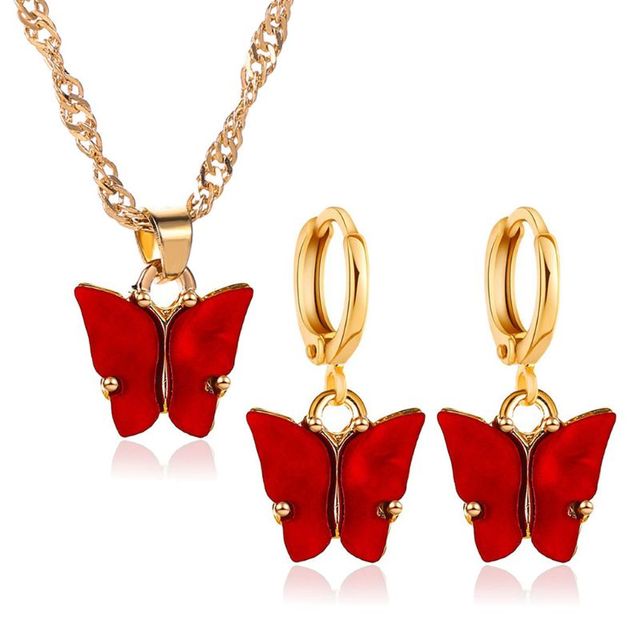 Butterfly Golden Chain Charm Necklace With Earrings For Girls - Korean Jewellery For Girls