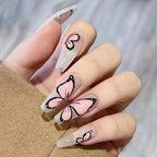 24Pcs Pink & White Butterfly Beautiful Trendy Fake Nails (With Glue) Set For Girls - Wearable Nails Stylish Pattern Artificial Long Nails For Women