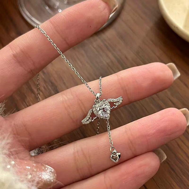 Korean Jewellery Silver Crystal Angel Wing Heart Pendant Necklace For Girls | Korean Jewellery Necklace For Women/Girls