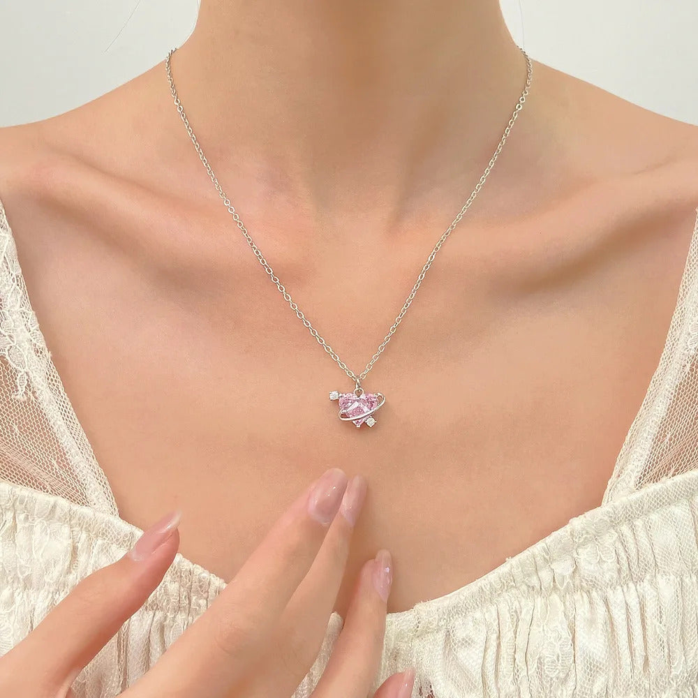 Korean Jewellery Silver Chain With Crystal Zirconia Pendant Aesthetic Jewellery For Girls