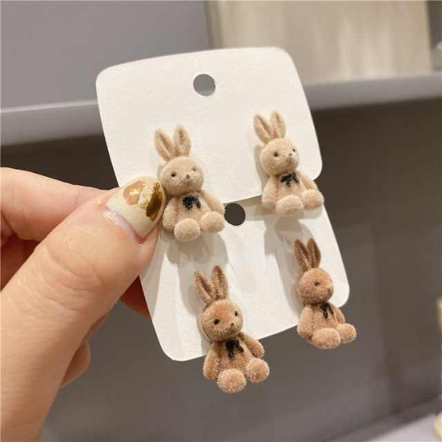 Korean Jewellery Brown / Biege S925 Needle Cute Flocking Plush Rabbit Stud Trendy Earrings For Girls