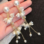 Korean Jewellery White Dreamy Flower Golden Long Chain New Style Women Sweet Temperament Jewelry Tassel Earrings For Girls | S925 Needle Earring