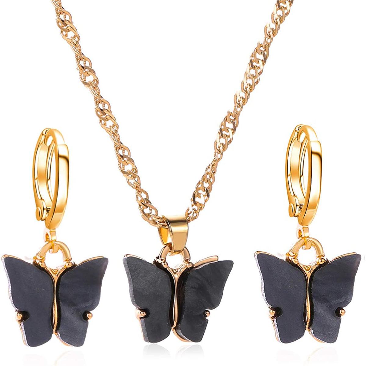 Black Butterfly Golden Chain Charm Necklace With Earrings For Girls - Korean Jewellery For Girls