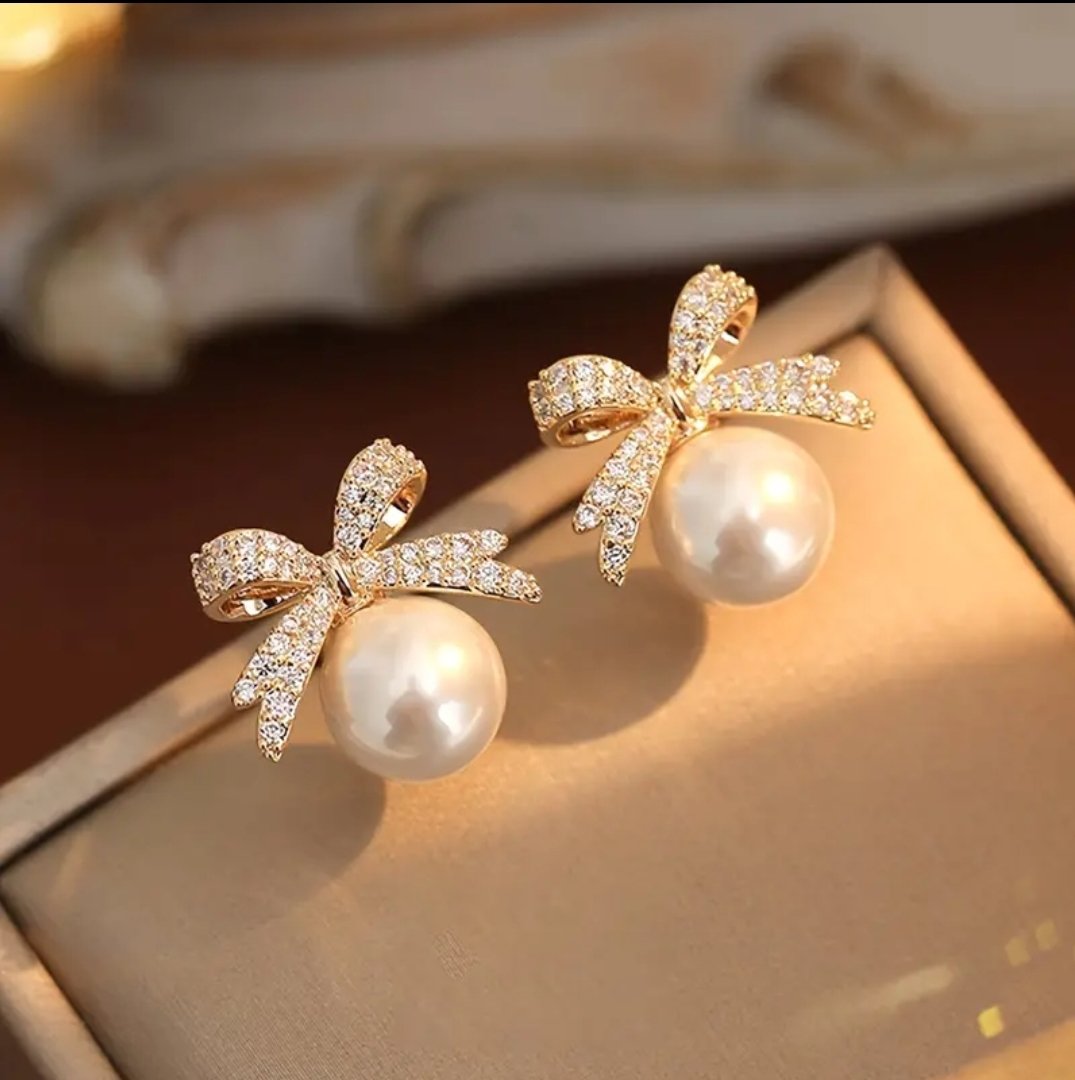 S925 Korean Jewellery Golden Bow Earings For Girls Stylish - Zircon Bow Pearl Ear Stud Rhinestone New Korean Fashion Exquisite S925 Earrings