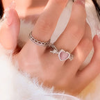 Korean Jewellery 3Pcs Heart-shaped Zircon Pink Crystal Heart Finger Rings For Girls