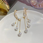 Pair Of Korean Gold-plated Trendy Design Zircon Ear Cuff With Pearl Tassel Long Earrings Ear Clip Jewellery Women and Girls