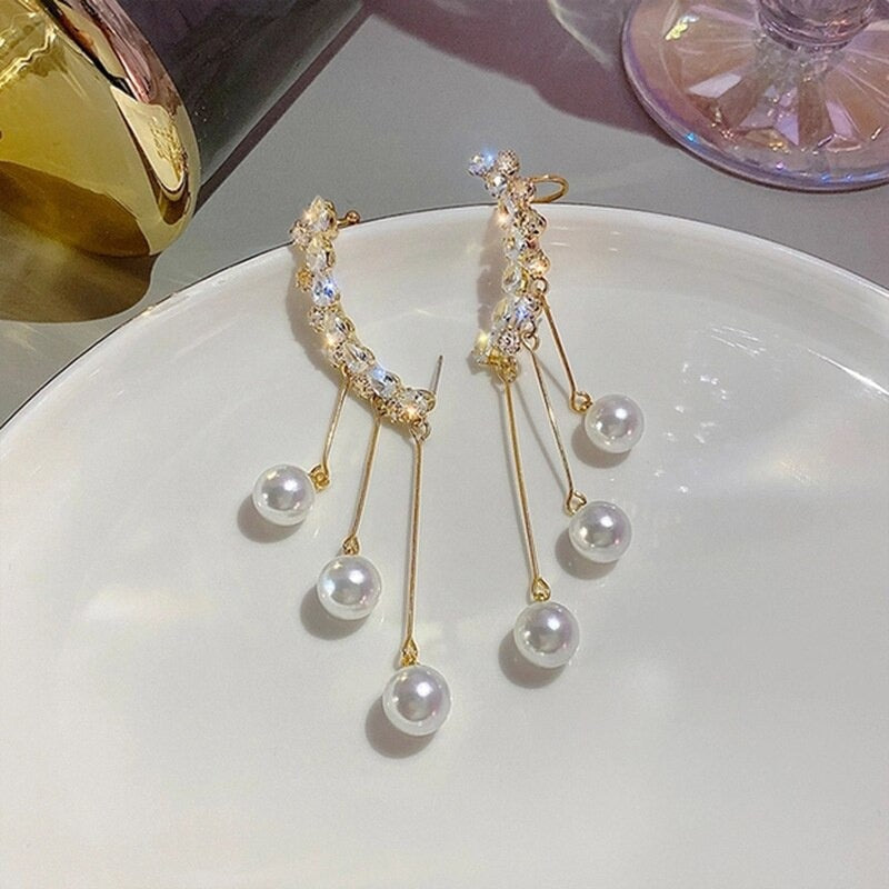 Pair Of Korean Gold-plated Trendy Design Zircon Ear Cuff With Pearl Tassel Long Earrings Ear Clip Jewellery Women and Girls