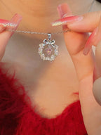 Korean Jewellery Pink Zircon Bow & Heart Necklace for Girls Sweet Fairy Clavicle Chain Shiny Zircon Korean Jewellery Necklace - Aesthetic Bowknot Love Zircon Pendant Women Necklaces