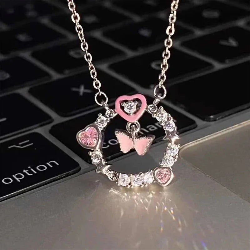 Korean Jewellery Silver Chain With Crystal Zirconia Butterfly Pendant Aesthetic Jewellery For Girls