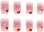 24Pcs Pink Beautiful Heart Trendy Fake Nails (With Glue) Set For Girls - Wearable Nails Stylish Pattern Long Artificial Nails For Women