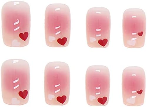 24Pcs Pink Beautiful Heart Trendy Fake Nails (With Glue) Set For Girls - Wearable Nails Stylish Pattern Long Artificial Nails For Women