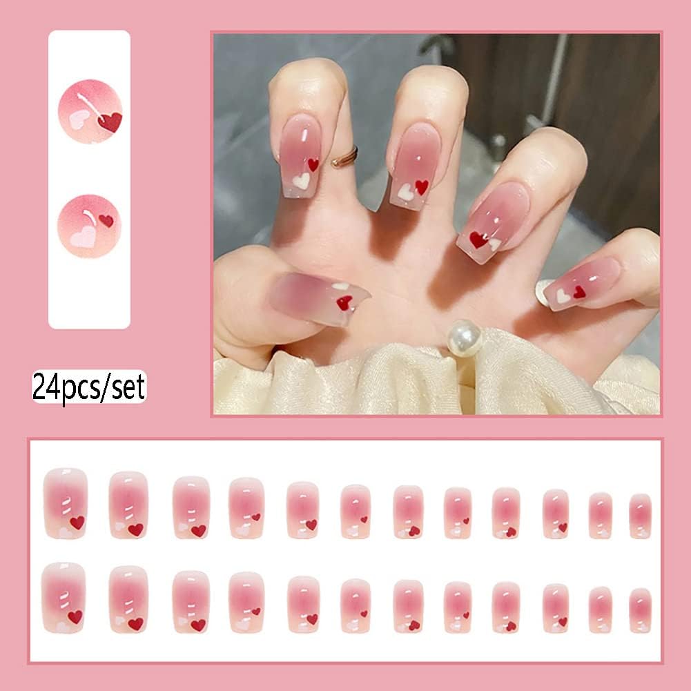 24Pcs Pink Beautiful Heart Trendy Fake Nails (With Glue) Set For Girls - Wearable Nails Stylish Pattern Long Artificial Nails For Women