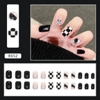 24Pcs Black & White Beautiful Trendy Fake Nails (With Glue) Set For Girls - Wearable Nails Stylish Pattern Artificial Nails For Women