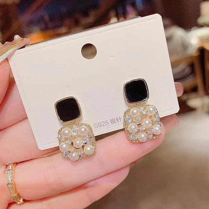 Korean Jewellery Fashion Black Square Geometric Cubic Pearl Gold Plated S925 Silver Needle Korean Earrings For Girls