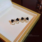 2026 Best Selling Women White & Black Bow & Heart Golden 925 Needle Earrings Korean Fashion Earring Products Cute Jewelry for Girls