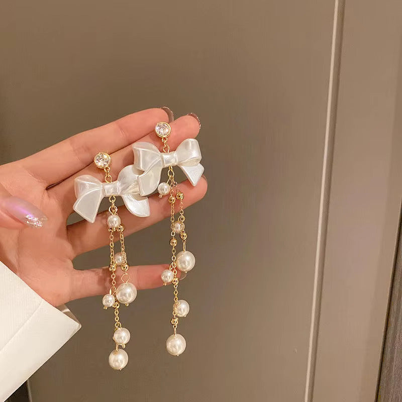 Korean Jewellery White Bow Golden Long Chain New Style Women Sweet Temperament Jewelry Tassel Earrings For Girls | S925 Needle Earring