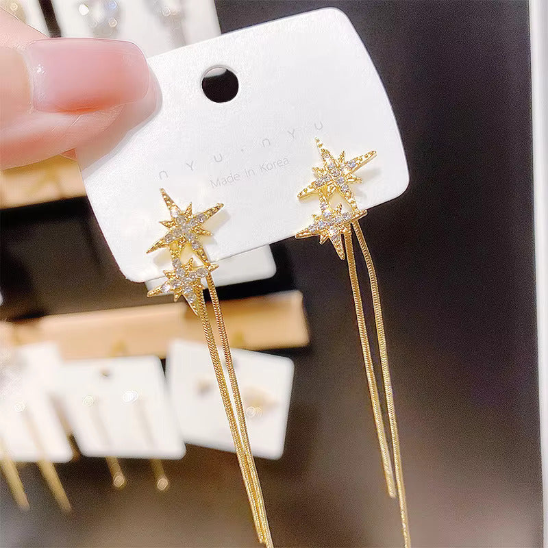 Korean Jewellery Shinny Golden Star Long Chain Rhinestone Crystal Designing New Style Women Sweet Temperament Jewelry Tassel Earrings For Girls | S925 Needle Earring