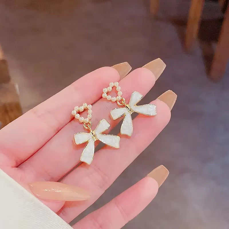 2026 Best Selling Women White Pearl Bow & Heart Earrings Korean Fashion Earring Products Cute Jewelry for Girls